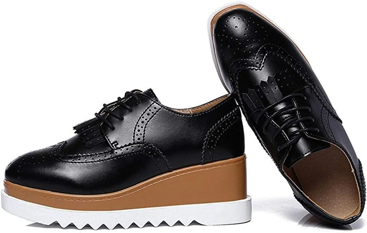 WUIWUIYU Womens Square-Toe Mid Heel Lace Up Brogues Platform Shoes