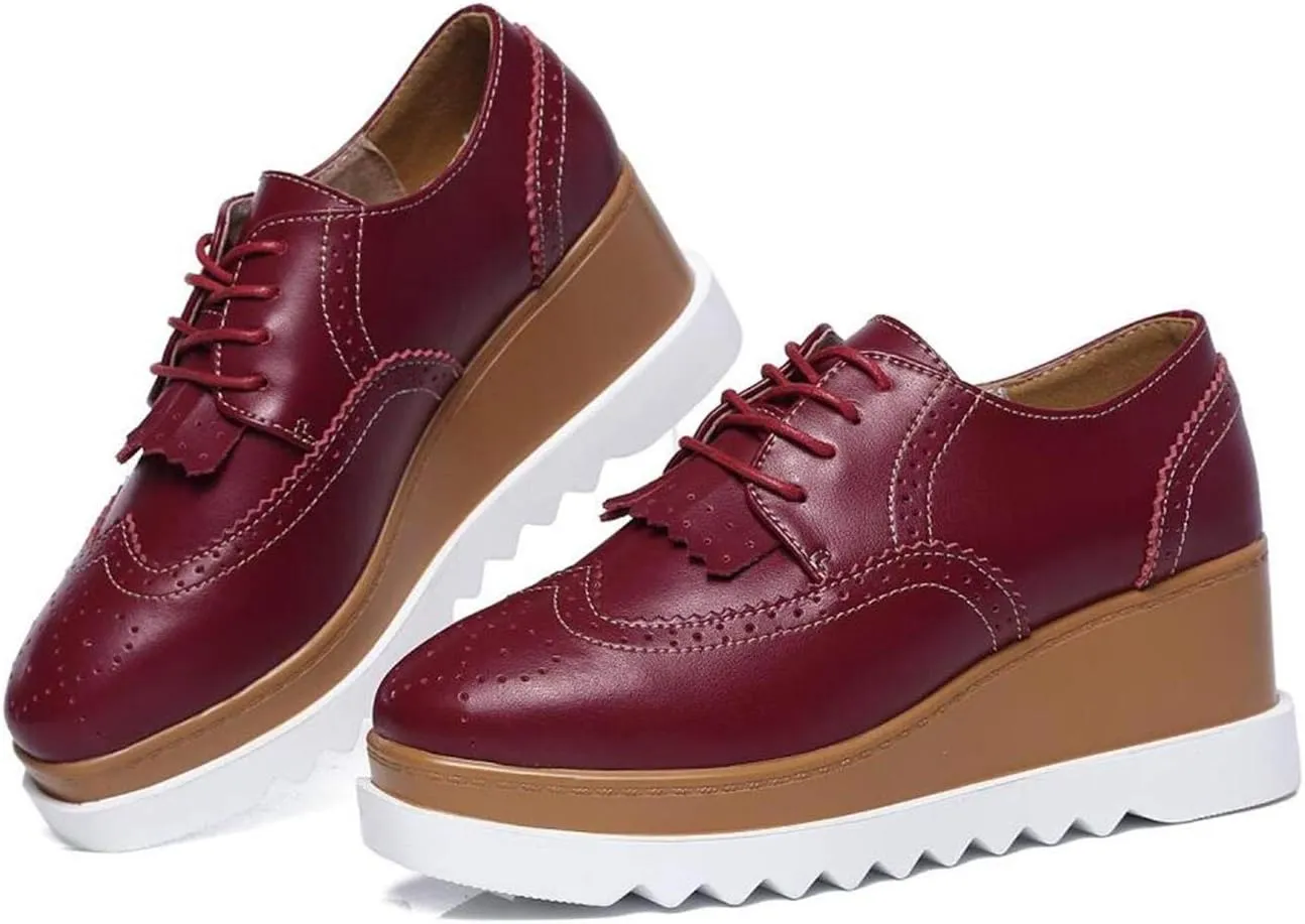 WUIWUIYU Womens Square-Toe Mid Heel Lace Up Brogues Platform Shoes