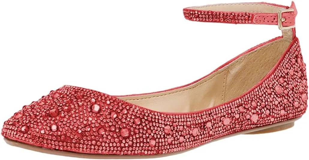 XYD Women Sparkle Rhinestones Ankle Strap Ballet Flats Studded Buckled Closed Round Toe Prom Dance Wedding Dress Shoes