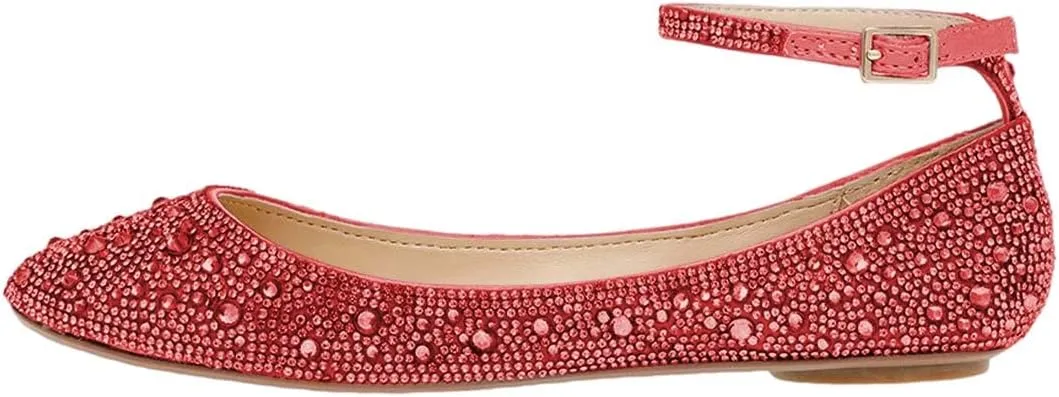 XYD Women Sparkle Rhinestones Ankle Strap Ballet Flats Studded Buckled Closed Round Toe Prom Dance Wedding Dress Shoes