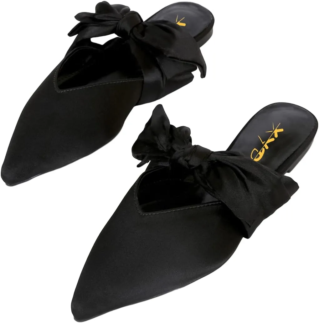 XYD Women's Flats Mules Pointy Toe Dressy Satin Bows Slip On Single Strap Wedding Party Holidays Sandal Shoes