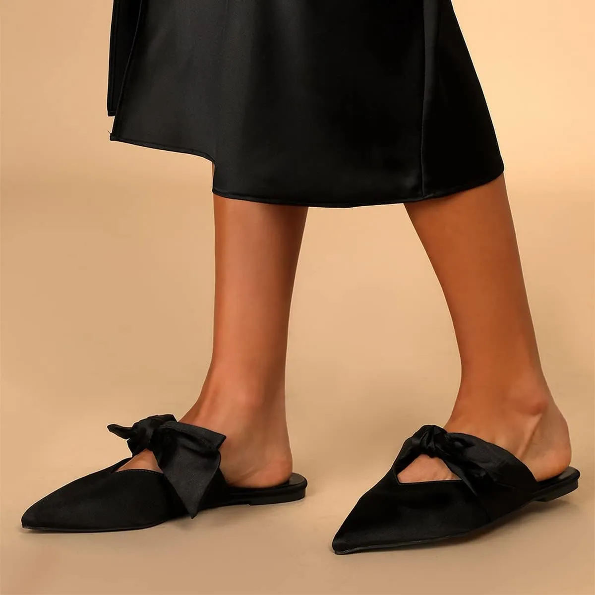 XYD Women's Flats Mules Pointy Toe Dressy Satin Bows Slip On Single Strap Wedding Party Holidays Sandal Shoes