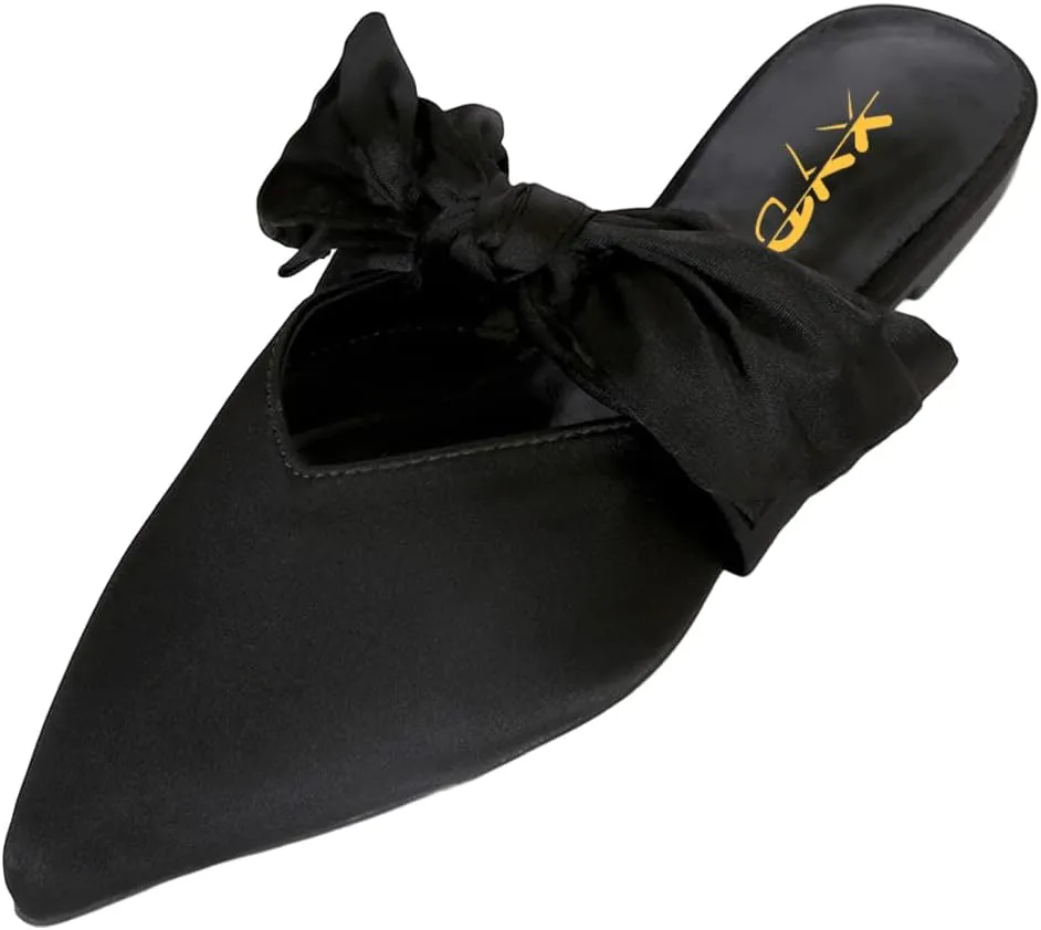XYD Women's Flats Mules Pointy Toe Dressy Satin Bows Slip On Single Strap Wedding Party Holidays Sandal Shoes