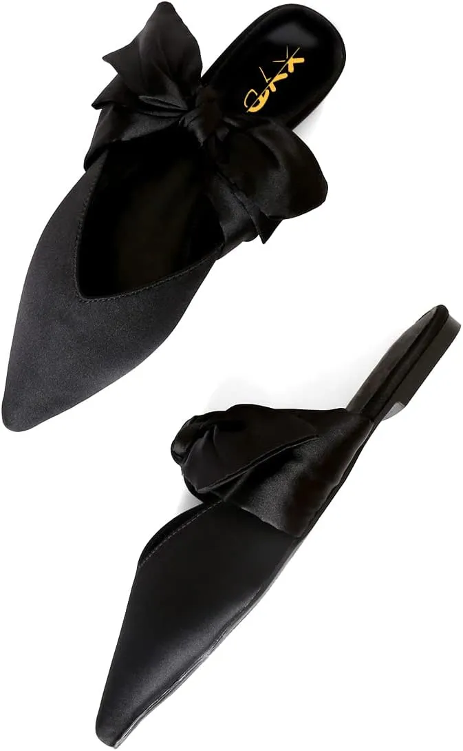 XYD Women's Flats Mules Pointy Toe Dressy Satin Bows Slip On Single Strap Wedding Party Holidays Sandal Shoes