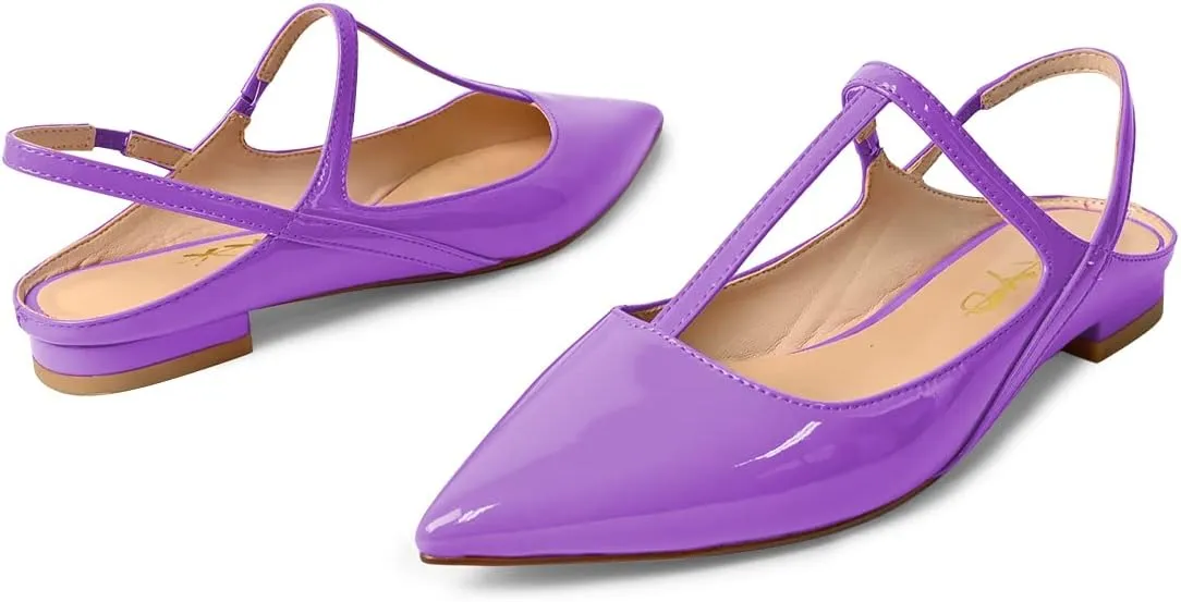 XYD Women's Pointed Toe T-Strap Sandals Slingback Low Heels Slippers Smooth Patent Elegant Wedding Dressy Sexy Flats