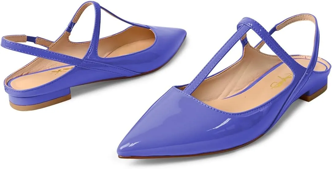 XYD Women's Pointed Toe T-Strap Sandals Slingback Low Heels Slippers Smooth Patent Elegant Wedding Dressy Sexy Flats