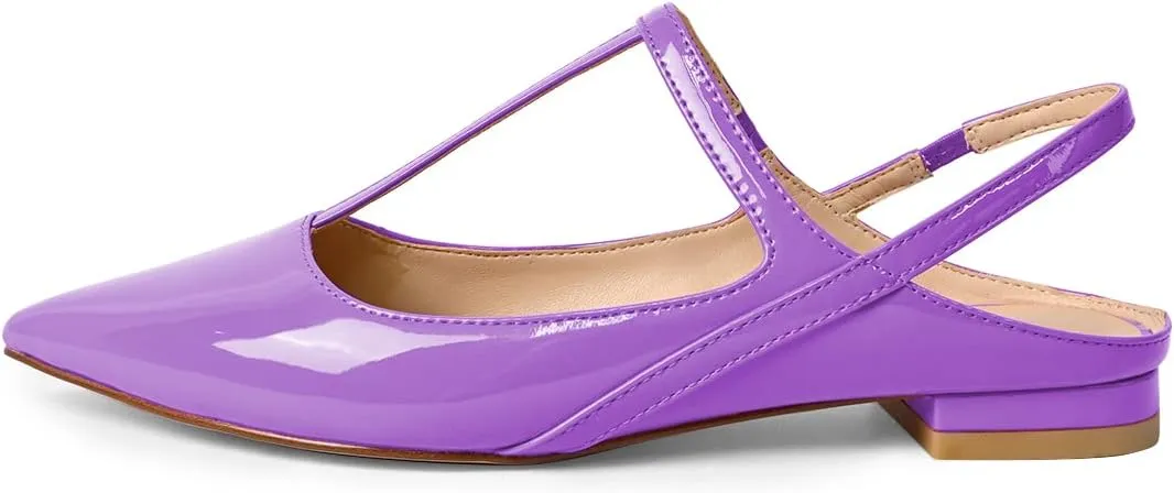 XYD Women's Pointed Toe T-Strap Sandals Slingback Low Heels Slippers Smooth Patent Elegant Wedding Dressy Sexy Flats