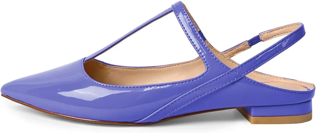 XYD Women's Pointed Toe T-Strap Sandals Slingback Low Heels Slippers Smooth Patent Elegant Wedding Dressy Sexy Flats