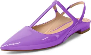 XYD Women's Pointed Toe T-Strap Sandals Slingback Low Heels Slippers Smooth Patent Elegant Wedding Dressy Sexy Flats