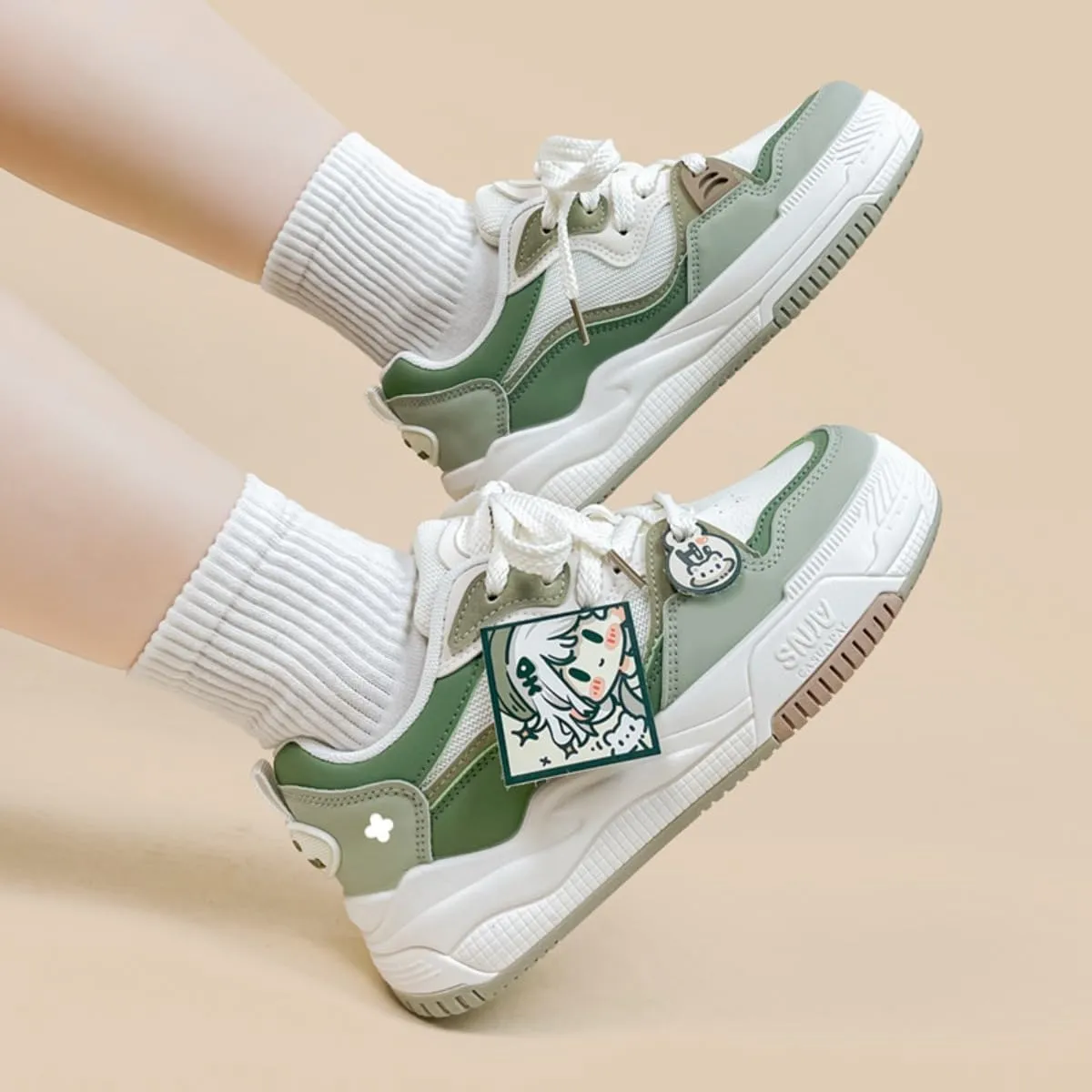 Y2K Chunky Women's Sneakers, White PU Cartoon Print Breathable Casual Shoes for Students Girls Travel