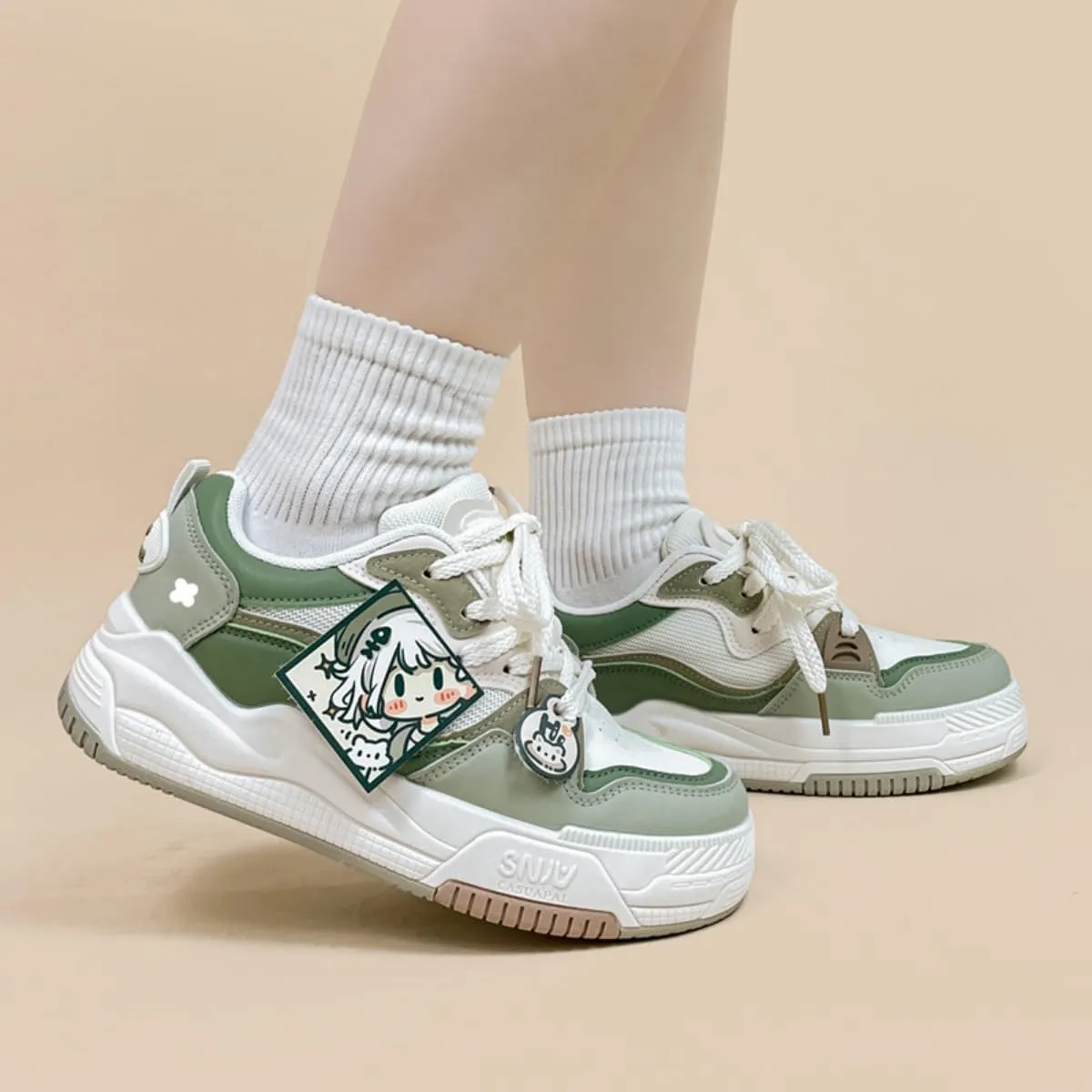 Y2K Chunky Women's Sneakers, White PU Cartoon Print Breathable Casual Shoes for Students Girls Travel