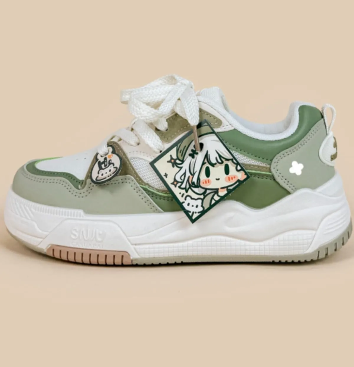 Y2K Chunky Women's Sneakers, White PU Cartoon Print Breathable Casual Shoes for Students Girls Travel