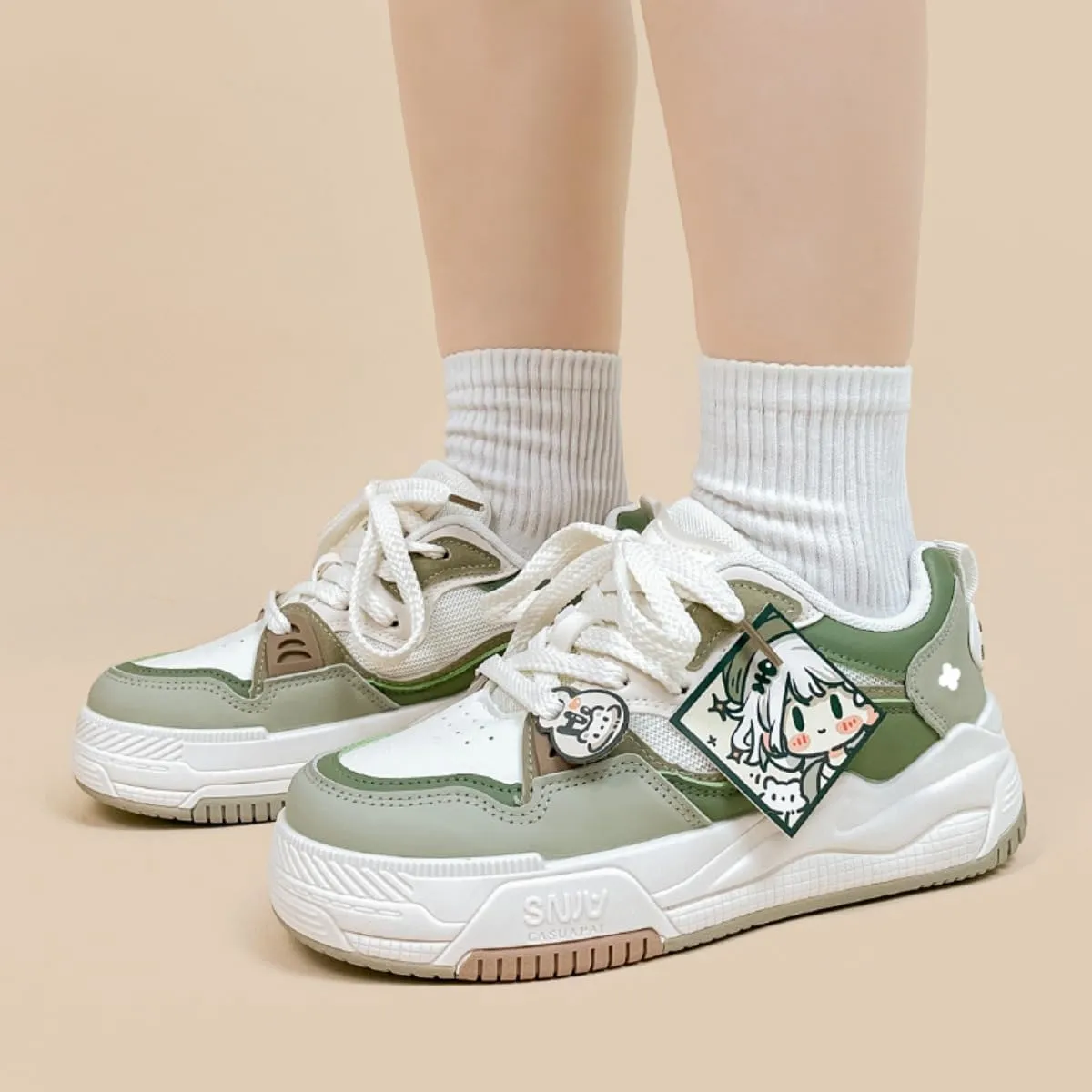Y2K Chunky Women's Sneakers, White PU Cartoon Print Breathable Casual Shoes for Students Girls Travel