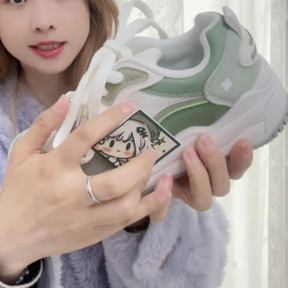 Y2K Chunky Women's Sneakers, White PU Cartoon Print Breathable Casual Shoes for Students Girls Travel