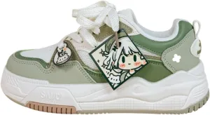 Y2K Chunky Women's Sneakers, White PU Cartoon Print Breathable Casual Shoes for Students Girls Travel