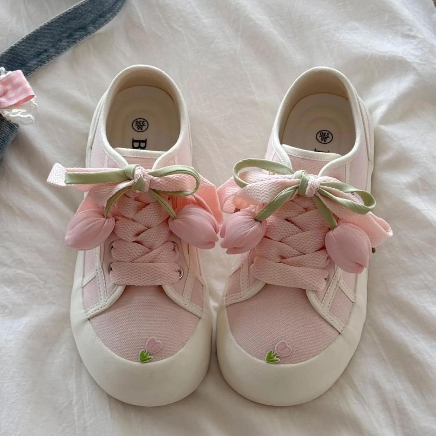Y2k Flower Tulip Chunky Sneakers for Women and Girls Retro Platform Strawberry Milk Aesthetic Casual Walking Shoes