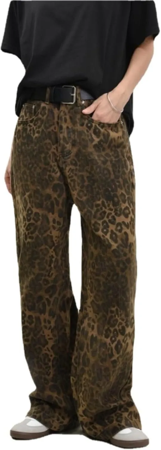 Y2K Leopard Jeans for Women and Men - Baggy Unisex Cheetah Print Straight Leg Denim with Pockets, Casual Streetwear