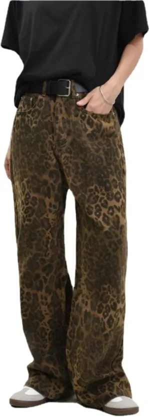 Y2K Leopard Jeans for Women and Men - Baggy Unisex Cheetah Print Straight Leg Denim with Pockets, Casual Streetwear