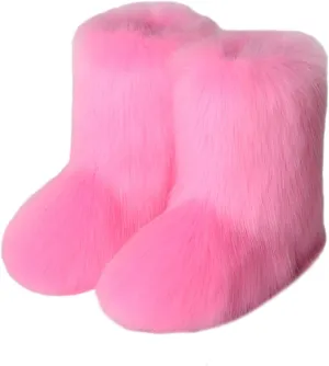 YESBOR Women's Faux Fur Boots Fluffy Mid-Calf Fuzzy Winter Snow Boots Outdoor Flat Shoes