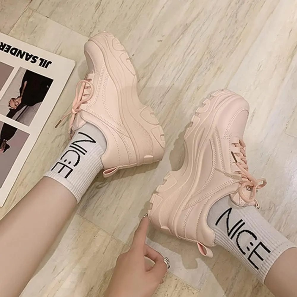 YSMIIH Women Platform Chunky Sneakers Lace up Silver White Cosy Athletic Sports Walking Shoes