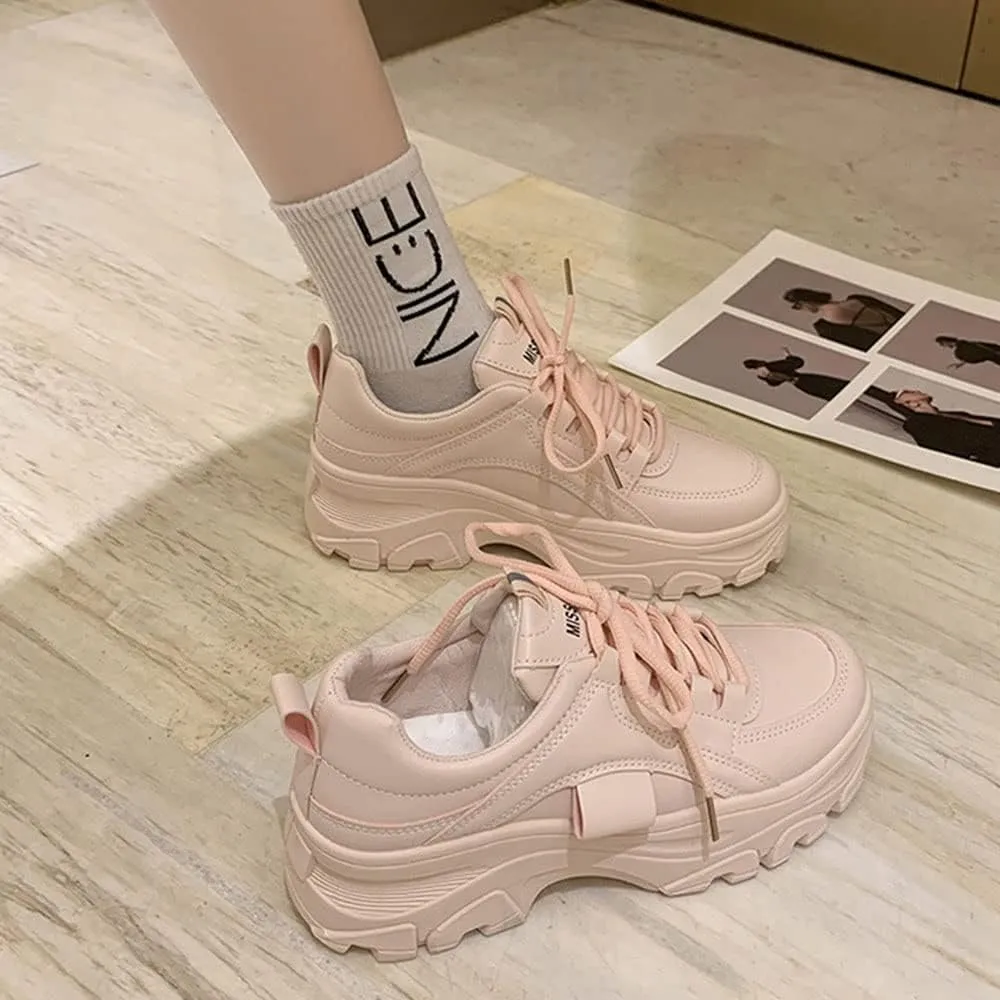 YSMIIH Women Platform Chunky Sneakers Lace up Silver White Cosy Athletic Sports Walking Shoes