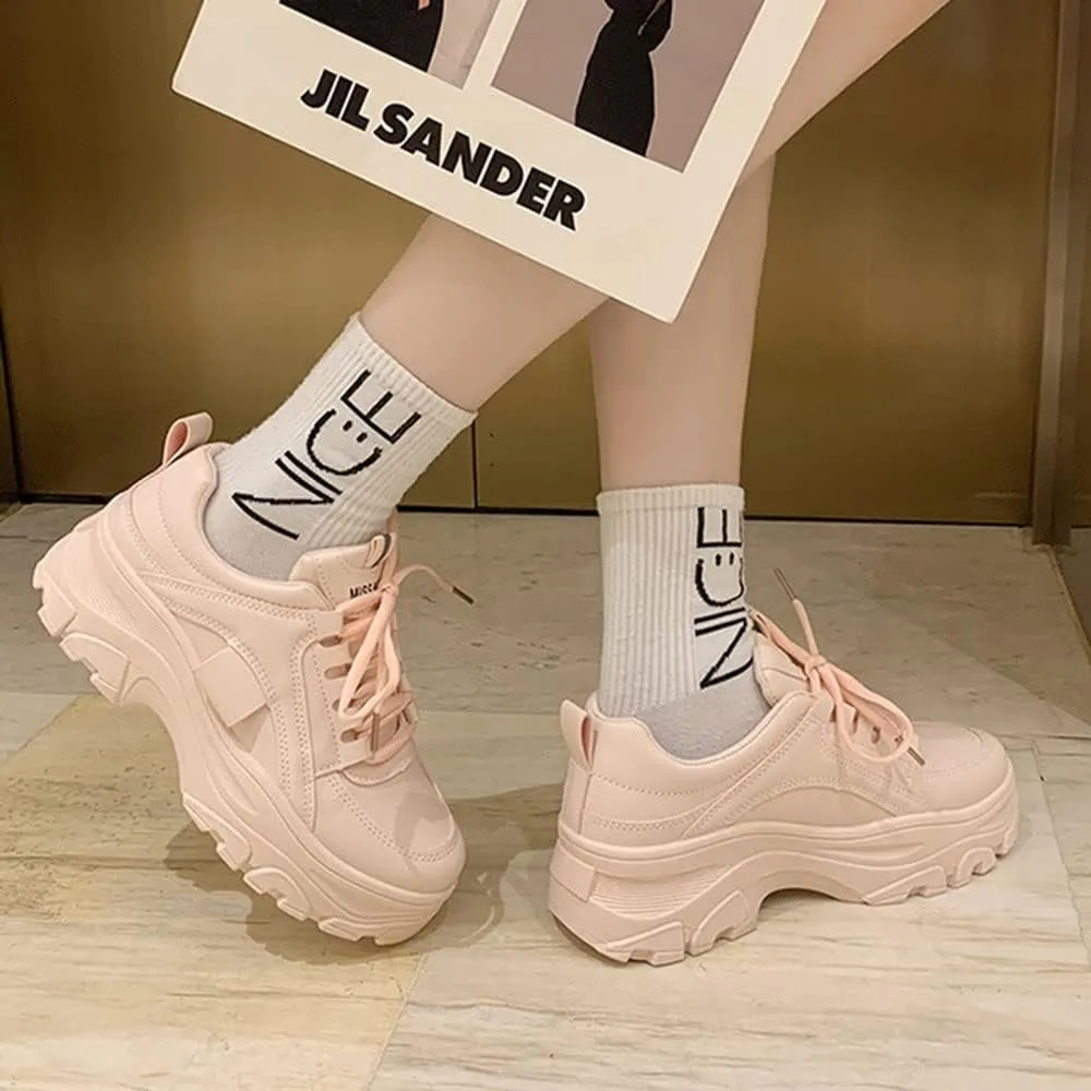 YSMIIH Women Platform Chunky Sneakers Lace up Silver White Cosy Athletic Sports Walking Shoes