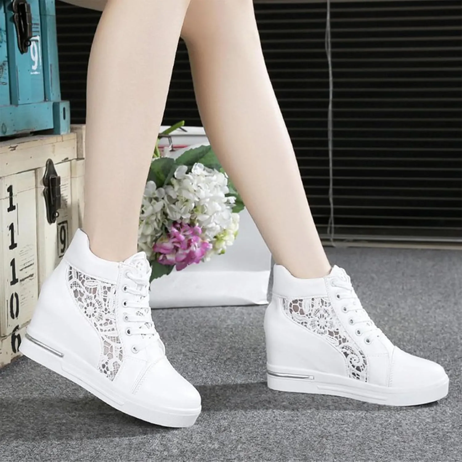 YTINGNICE Floral Embroidery Breathable Sheer Sneakers, New Lace Mesh Casual Shoes, Fashion Embroidery Floral Mesh Lace Chunky Sole Hidden High Heels Sneakers (White,Women-US-6)