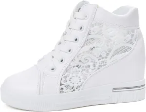 YTINGNICE Floral Embroidery Breathable Sheer Sneakers, New Lace Mesh Casual Shoes, Fashion Embroidery Floral Mesh Lace Chunky Sole Hidden High Heels Sneakers (White,Women-US-6)