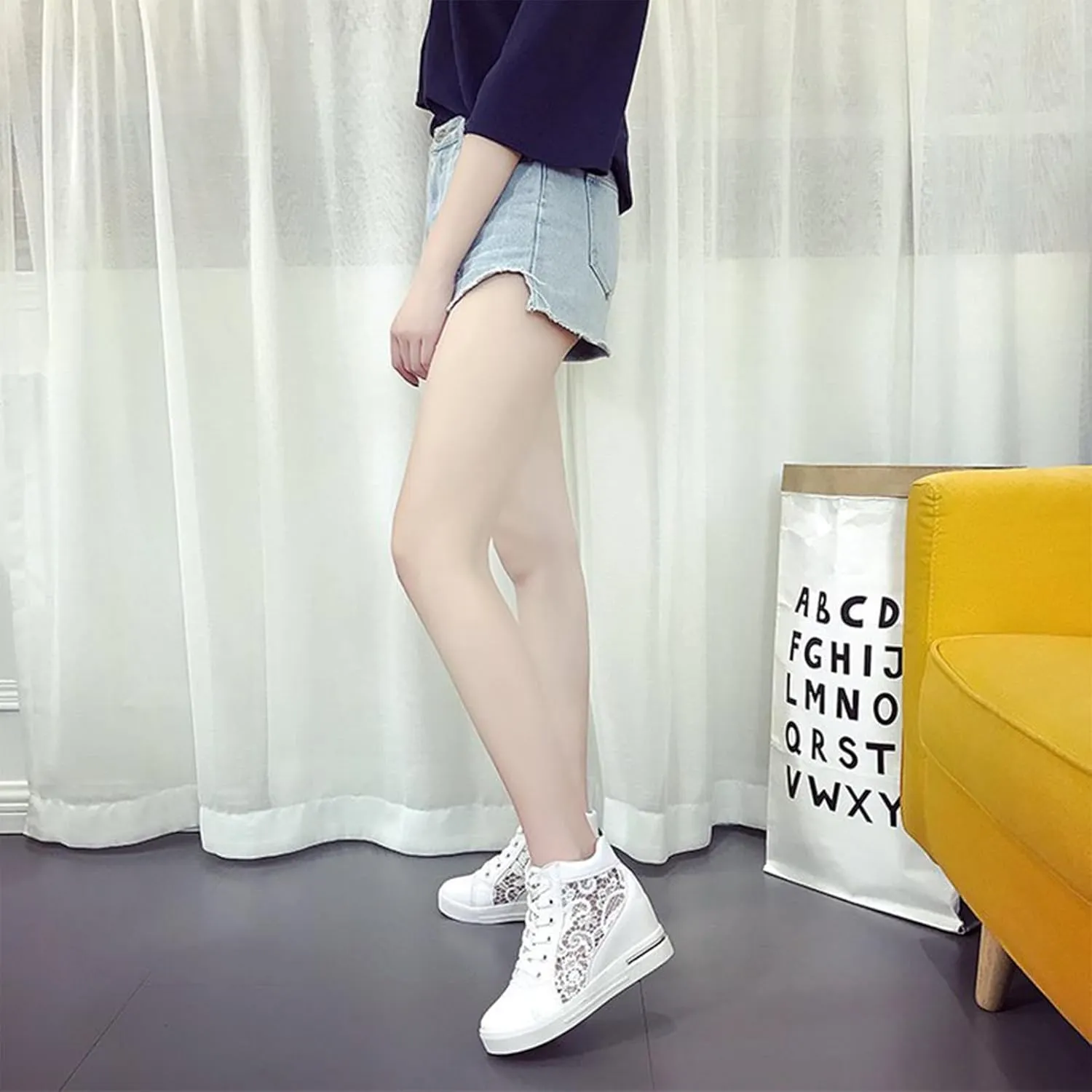 YTINGNICE Floral Embroidery Breathable Sheer Sneakers, New Lace Mesh Casual Shoes, Fashion Embroidery Floral Mesh Lace Chunky Sole Hidden High Heels Sneakers (White,Women-US-6)