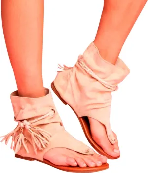 ZBYY Tassel Sandals for Women,Summer Gladiator Fringe Casual Flat Beach Shoes T-Strap Open-Toe Suede Flip Flop Sandals