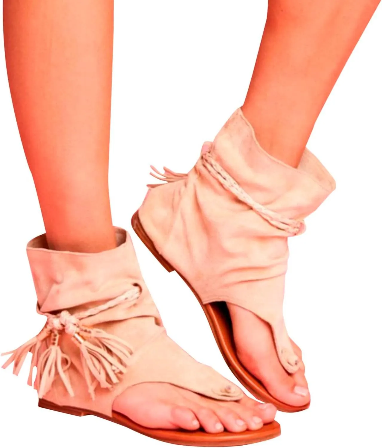 ZBYY Tassel Sandals for Women,Summer Gladiator Fringe Casual Flat Beach Shoes T-Strap Open-Toe Suede Flip Flop Sandals