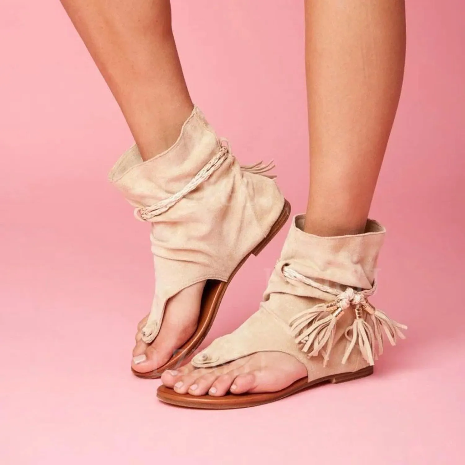 ZBYY Tassel Sandals for Women,Summer Gladiator Fringe Casual Flat Beach Shoes T-Strap Open-Toe Suede Flip Flop Sandals