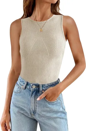 ZESICA Womens 2025 Ribbed Tank Tops Summer Sleeveless High Neck Casual Slim Fitted Basic Knit Shirts