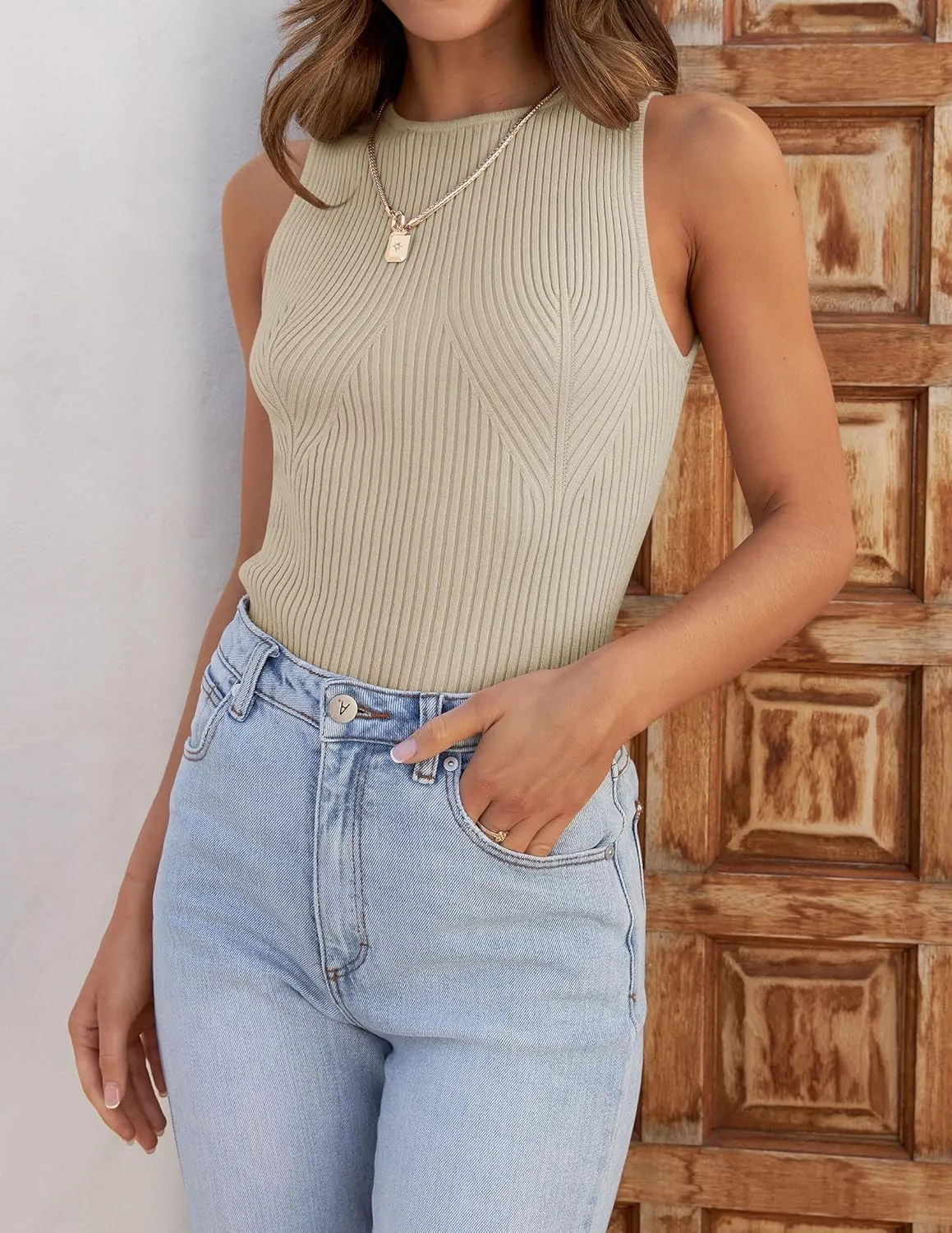 ZESICA Womens 2025 Ribbed Tank Tops Summer Sleeveless High Neck Casual Slim Fitted Basic Knit Shirts