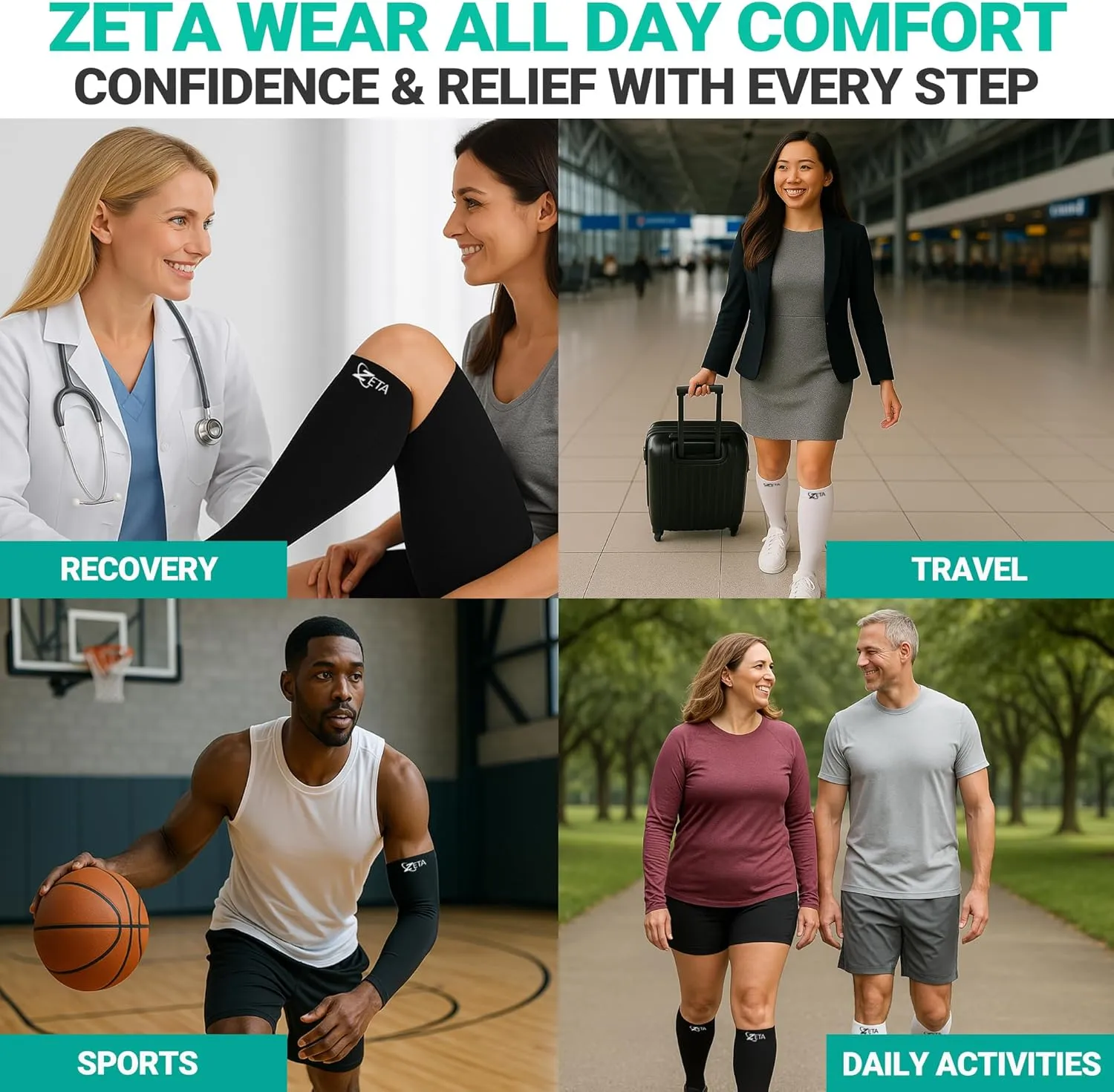 Zeta Wear Plus Size Calf Compression Sleeves 15-19 mmHg Support for Men & Women Wide Calves, Swelling, Varicose Veins, Travel
