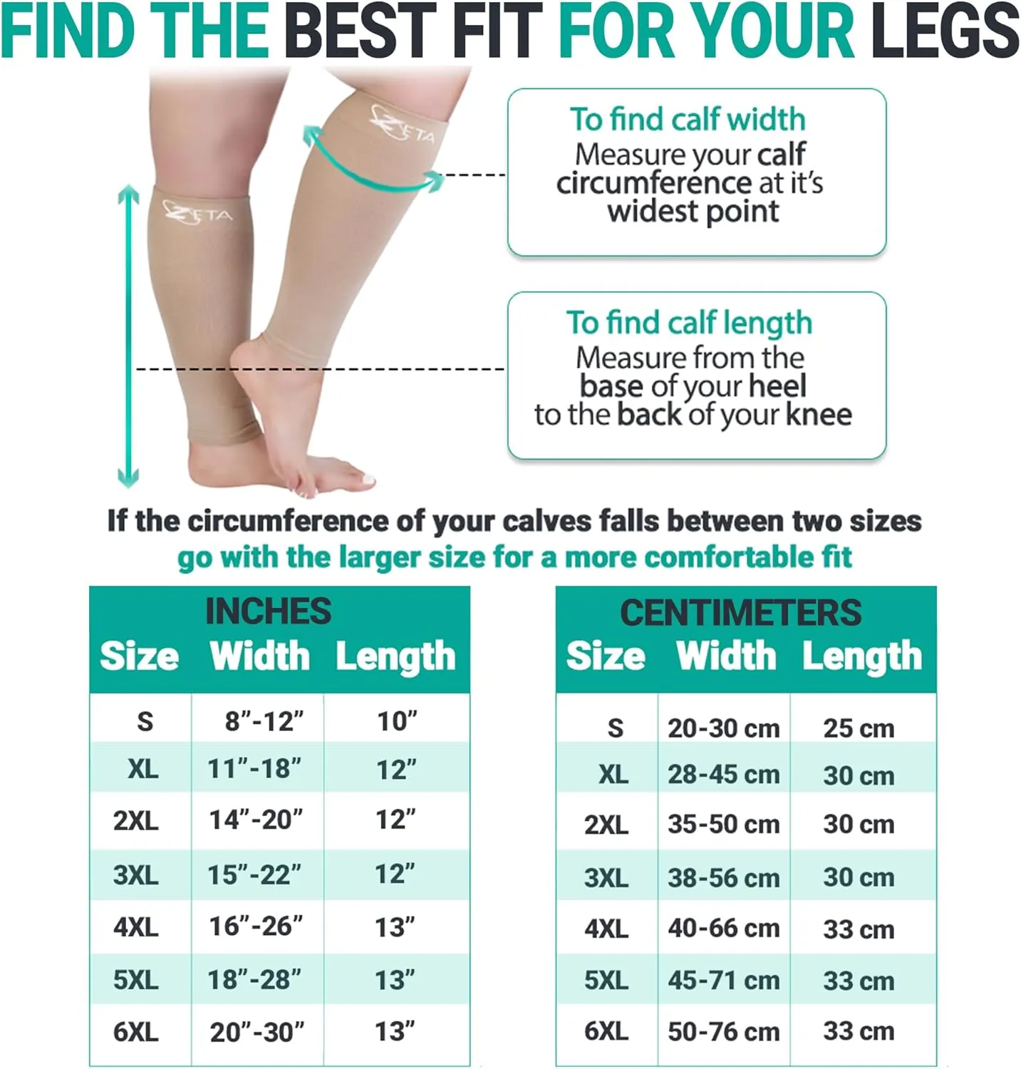 Zeta Wear Plus Size Calf Compression Sleeves 15-19 mmHg Support for Men & Women Wide Calves, Swelling, Varicose Veins, Travel