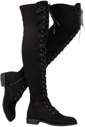 ZHOUYF Womens Over The Knee Boots Fashion Faux Suede Winter Stretchy Tall Boots Lace Up Low Heel Thigh High Riding Boots for Women