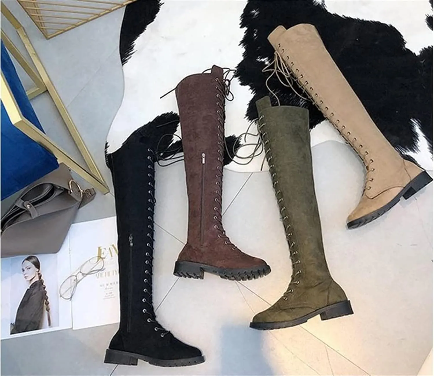 ZHOUYF Womens Over The Knee Boots Fashion Faux Suede Winter Stretchy Tall Boots Lace Up Low Heel Thigh High Riding Boots for Women