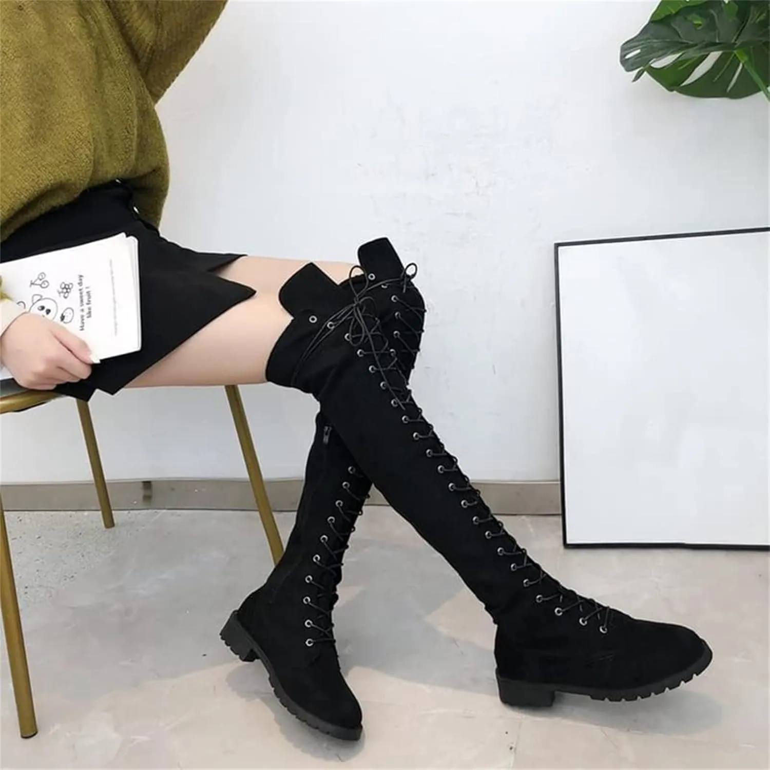 ZHOUYF Womens Over The Knee Boots Fashion Faux Suede Winter Stretchy Tall Boots Lace Up Low Heel Thigh High Riding Boots for Women