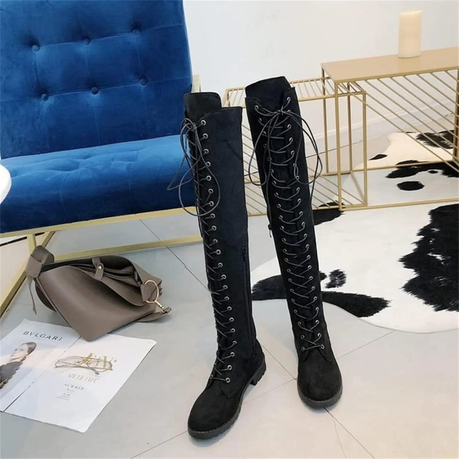 ZHOUYF Womens Over The Knee Boots Fashion Faux Suede Winter Stretchy Tall Boots Lace Up Low Heel Thigh High Riding Boots for Women