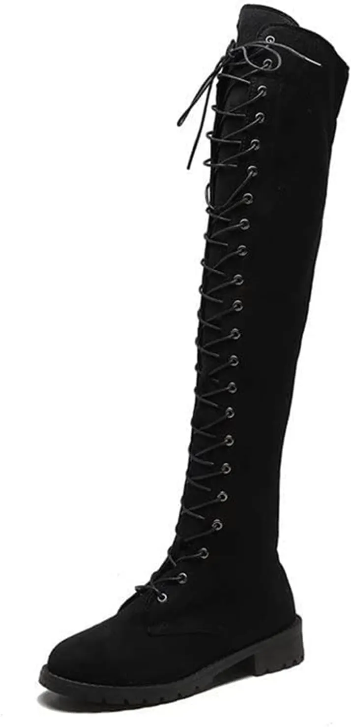 ZHOUYF Womens Over The Knee Boots Fashion Faux Suede Winter Stretchy Tall Boots Lace Up Low Heel Thigh High Riding Boots for Women