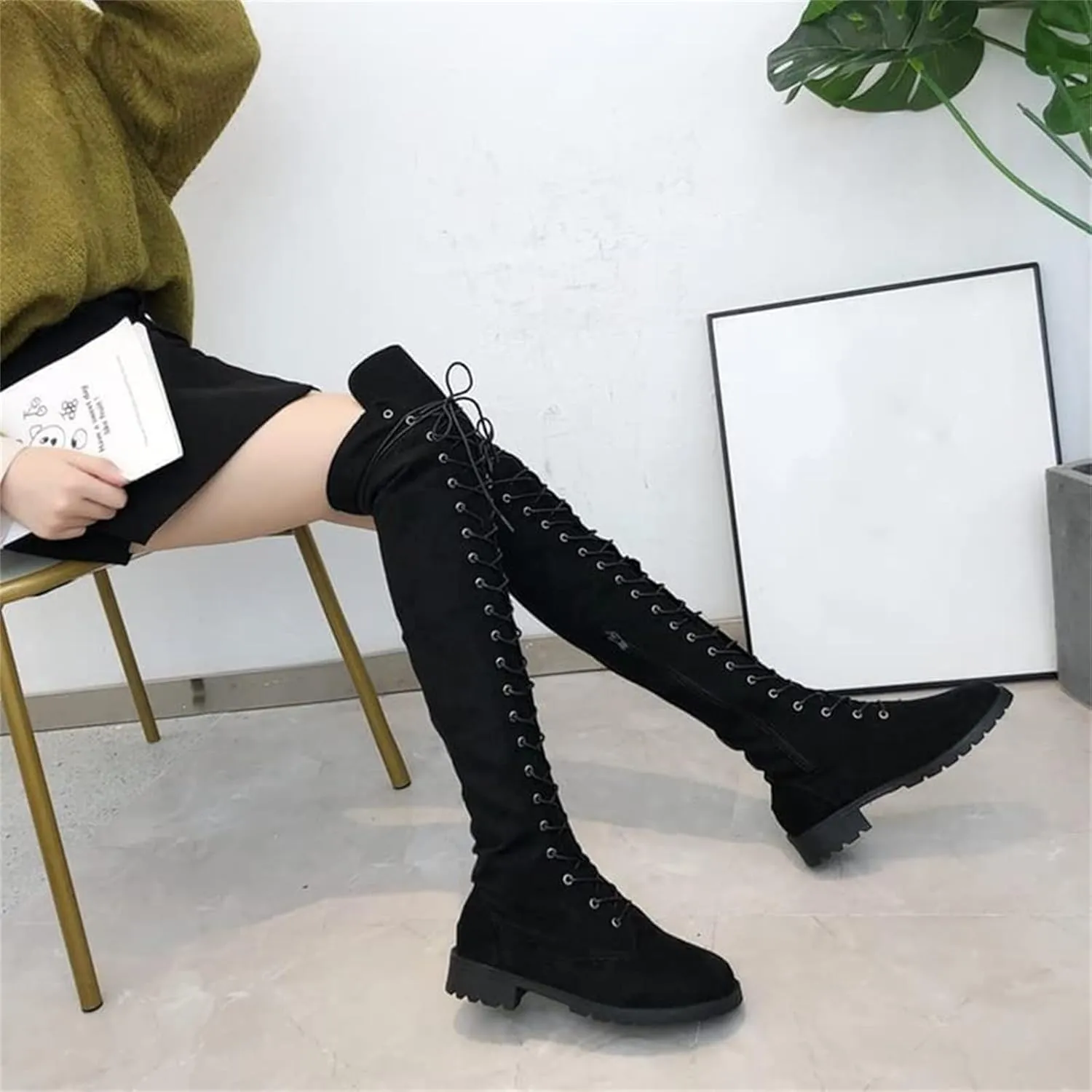 ZHOUYF Womens Over The Knee Boots Fashion Faux Suede Winter Stretchy Tall Boots Lace Up Low Heel Thigh High Riding Boots for Women