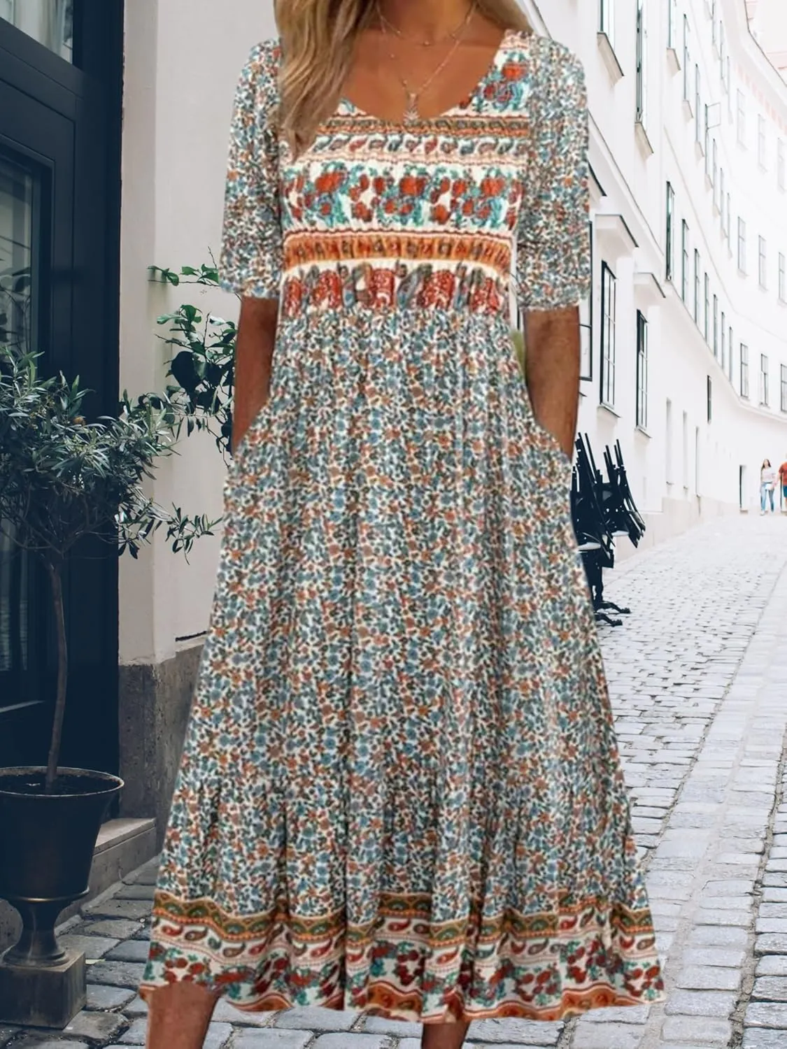 ZOCAVIA Womens Boho Floral Printed Maxi Dresses 2024 Summer Casual Loose Flowy Bohemian Vintage Short Sundresses with Pockets