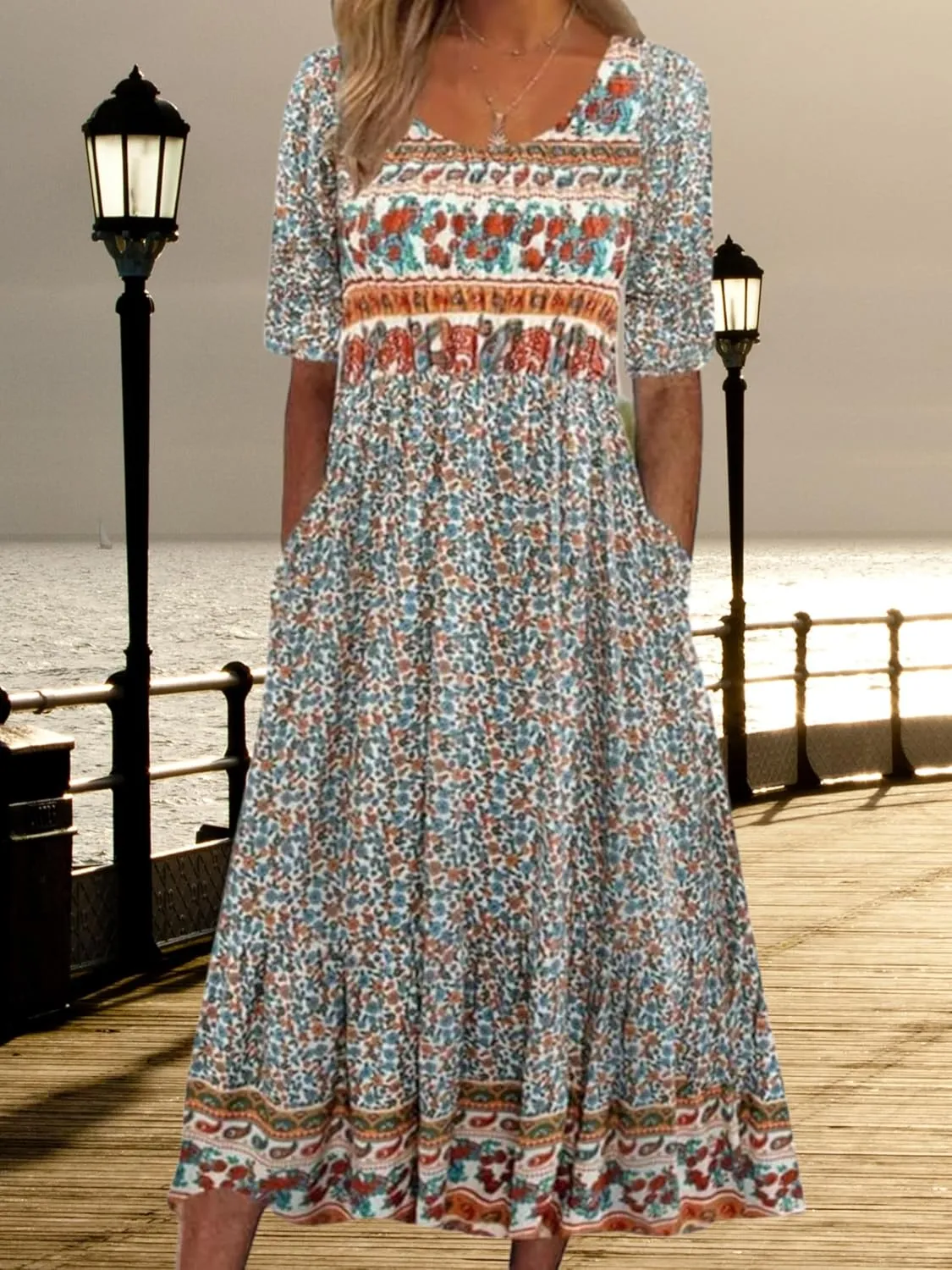 ZOCAVIA Womens Boho Floral Printed Maxi Dresses 2024 Summer Casual Loose Flowy Bohemian Vintage Short Sundresses with Pockets