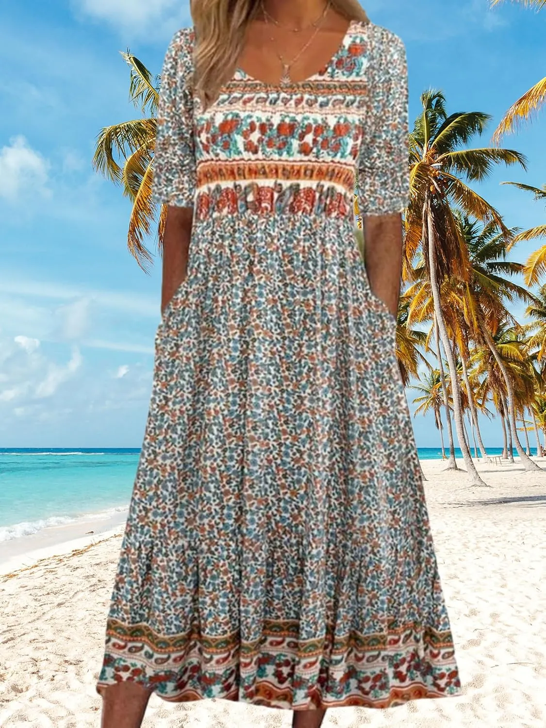 ZOCAVIA Womens Boho Floral Printed Maxi Dresses 2024 Summer Casual Loose Flowy Bohemian Vintage Short Sundresses with Pockets