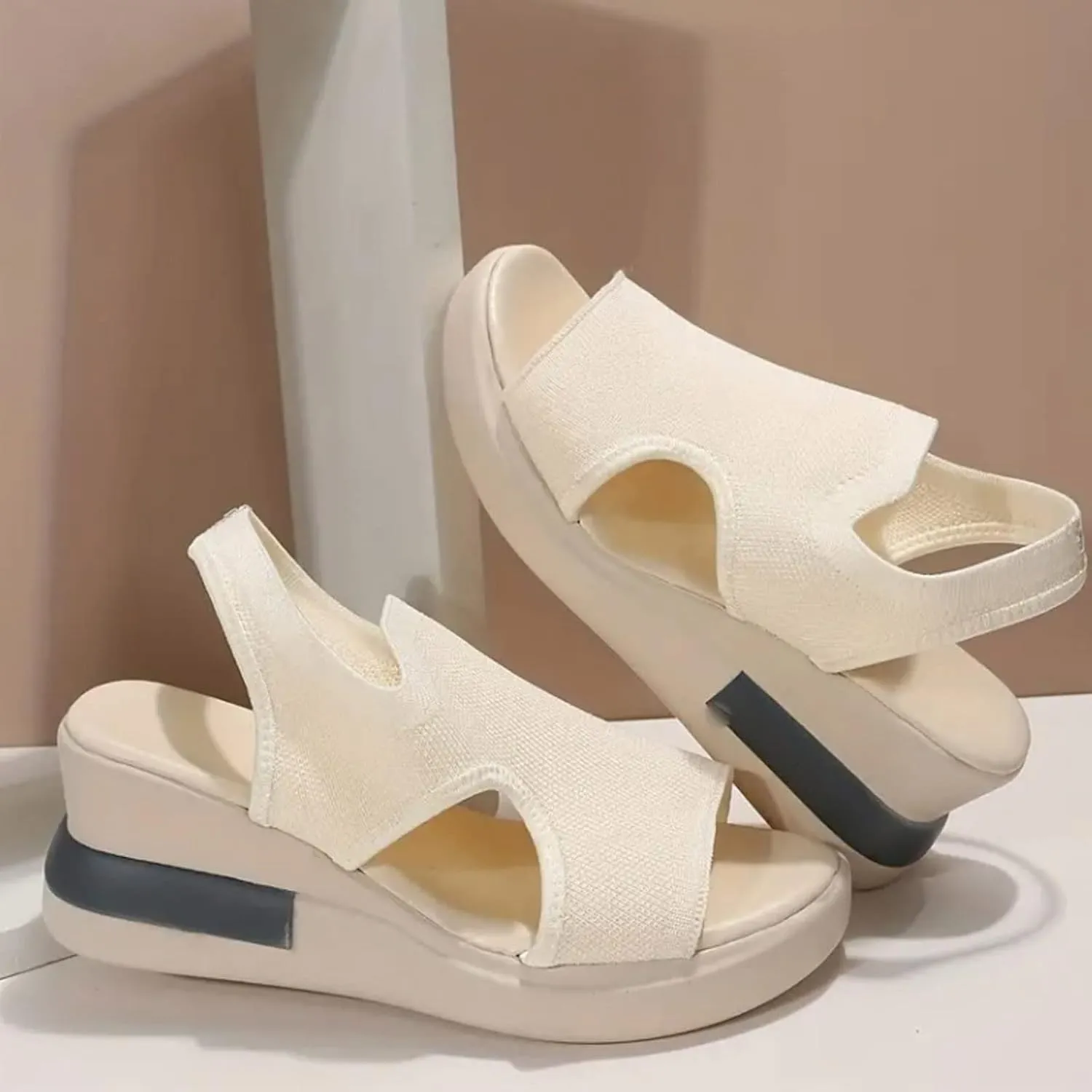 ZSpzx Sandals For Women 2025,Women's Slip On Loafers Comfortable Knitted Mesh Thick Wedge Heel Low Heels Elastic Strap Mule Breathable Walking Shoes Dressy Summer Platform Wedges Canvas Sneakers