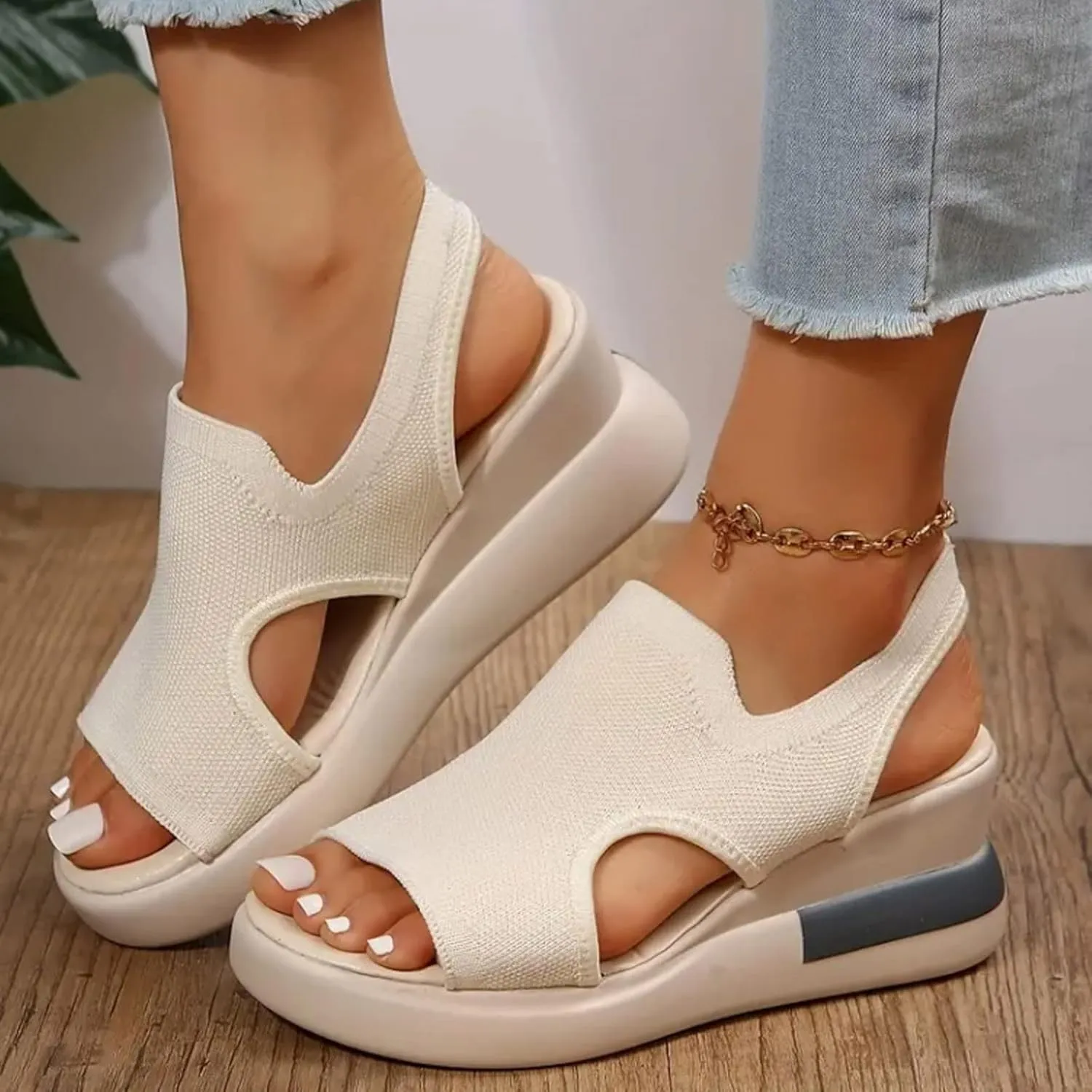 ZSpzx Sandals For Women 2025,Women's Slip On Loafers Comfortable Knitted Mesh Thick Wedge Heel Low Heels Elastic Strap Mule Breathable Walking Shoes Dressy Summer Platform Wedges Canvas Sneakers