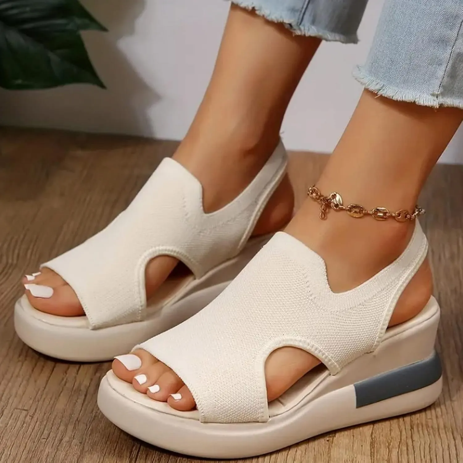 ZSpzx Sandals For Women 2025,Women's Slip On Loafers Comfortable Knitted Mesh Thick Wedge Heel Low Heels Elastic Strap Mule Breathable Walking Shoes Dressy Summer Platform Wedges Canvas Sneakers