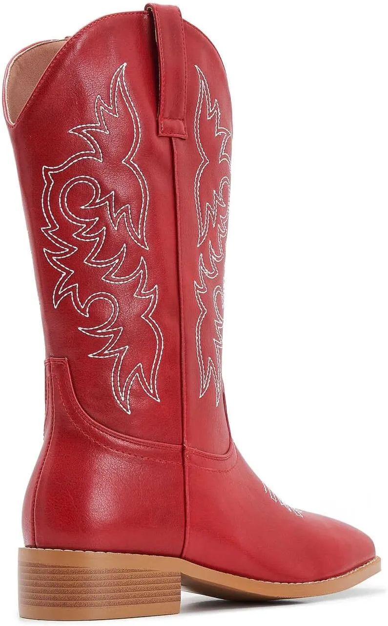 ZXHYZLZ Western Cowboy Boots for Women - Mid Calf Embroidered Cowgirl Boots, Slip On Pointed Toe Chunky Heel Fashion Retro Classic Boots