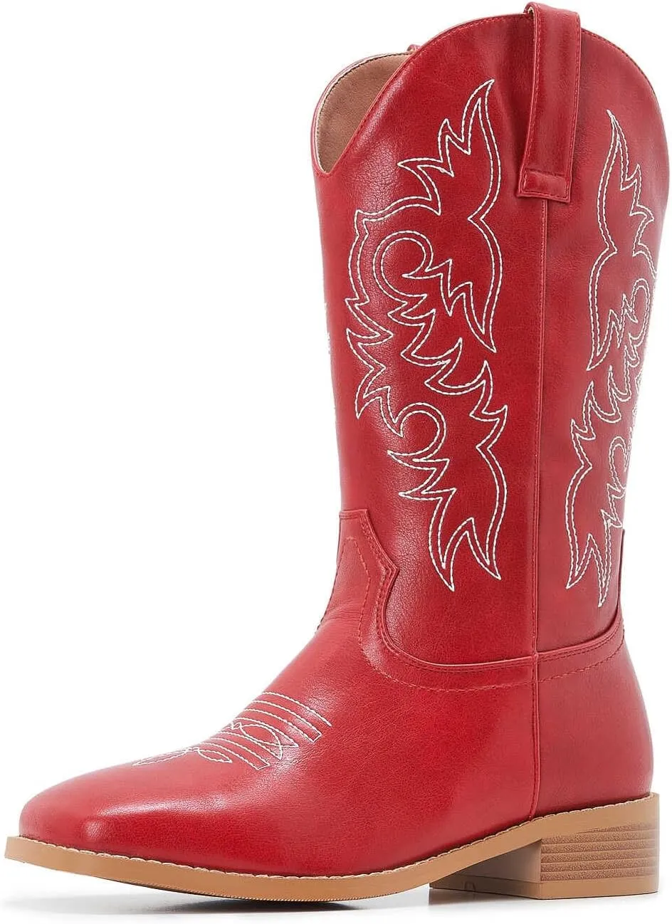 ZXHYZLZ Western Cowboy Boots for Women - Mid Calf Embroidered Cowgirl Boots, Slip On Pointed Toe Chunky Heel Fashion Retro Classic Boots
